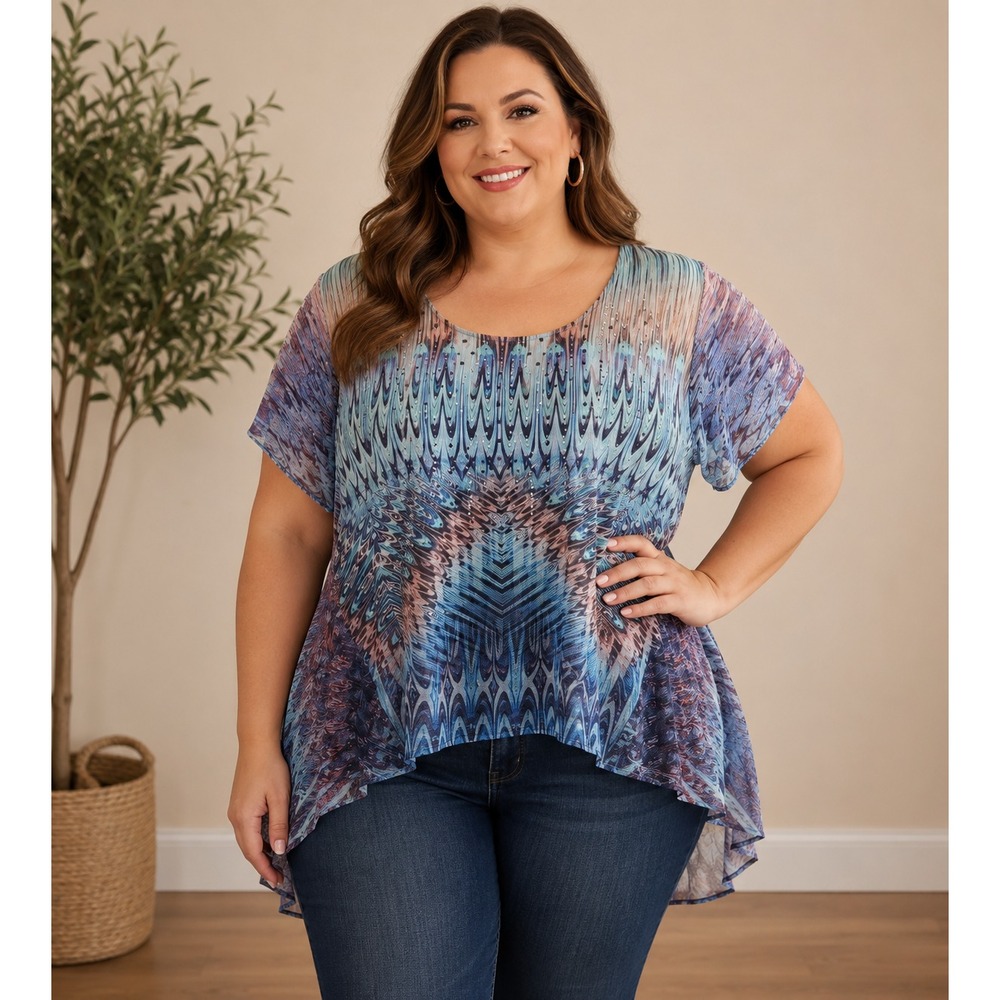 Womens Abstract Feather Print Studded Lace Hem Top Blue Purple Plus 2X festival